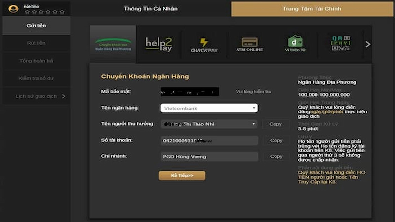 Nạp K8 bằng ngân hàng điện tử
